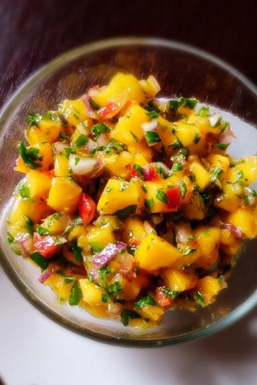 Fresh mango salsa served in a bowl with chips