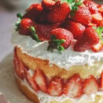 Delicious slice of the best strawberry shortcake cake with fresh strawberries