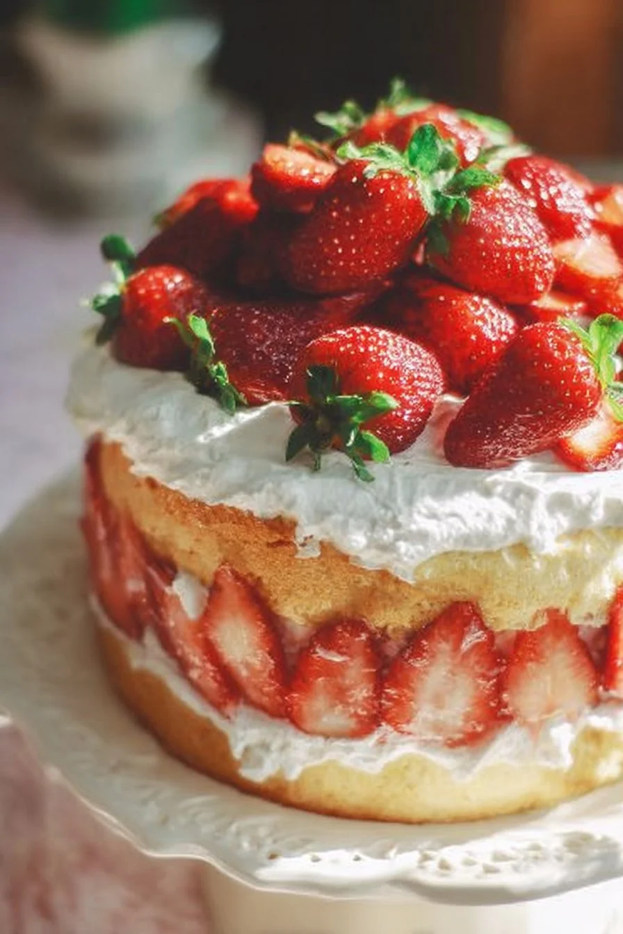 Delicious slice of the best strawberry shortcake cake with fresh strawberries