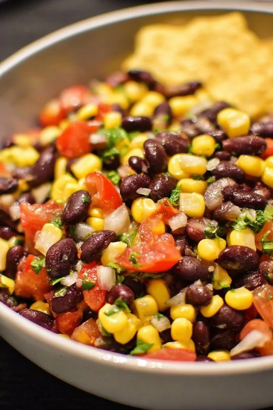 Fresh black bean and corn salsa served in a bowl