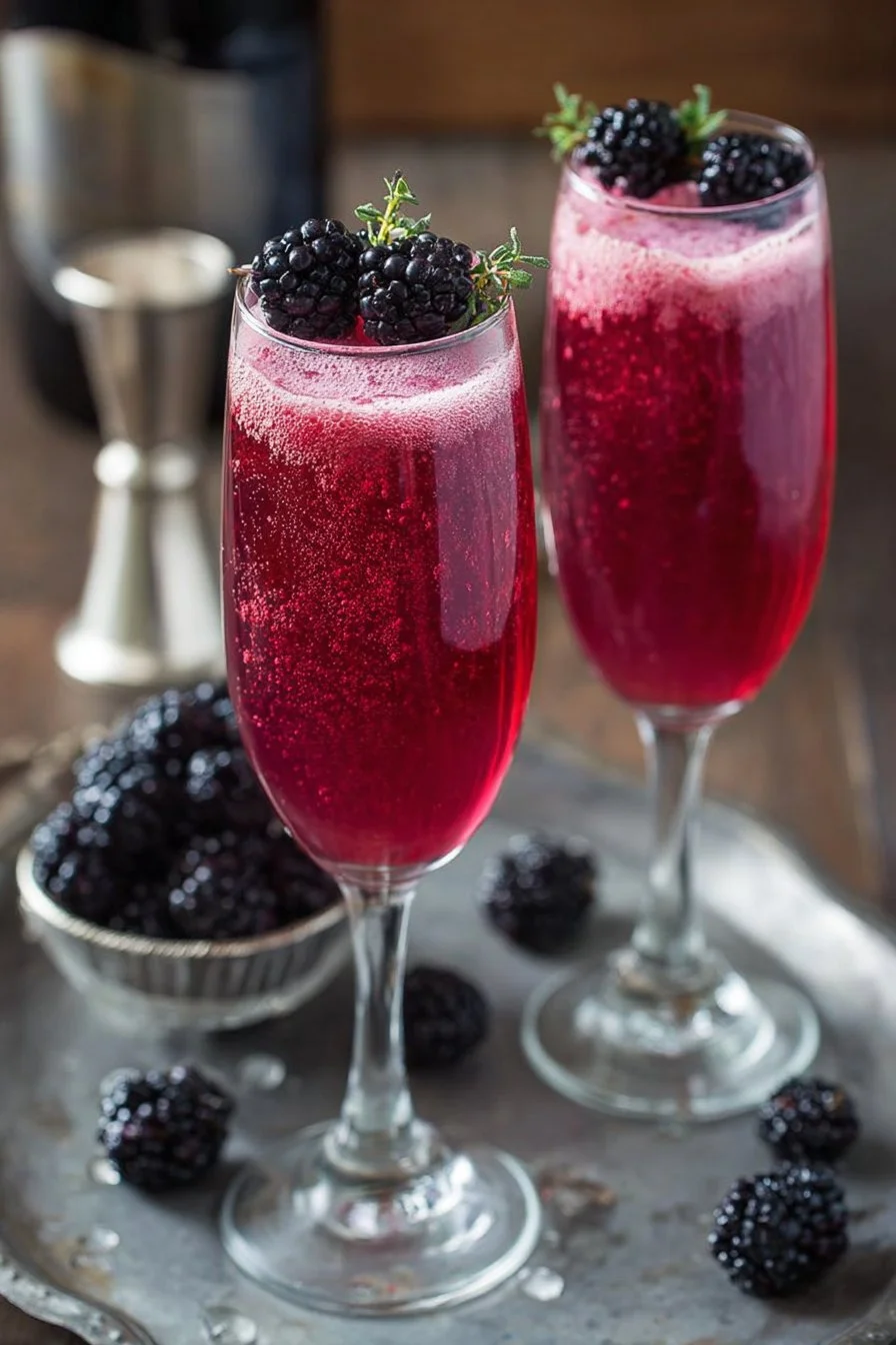 Glass of Blackberry Mimosas garnished with fresh blackberries and mint