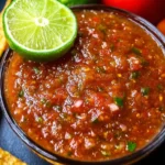 Freshly made Blender Salsa in a bowl with tomatoes, onions, and cilantro