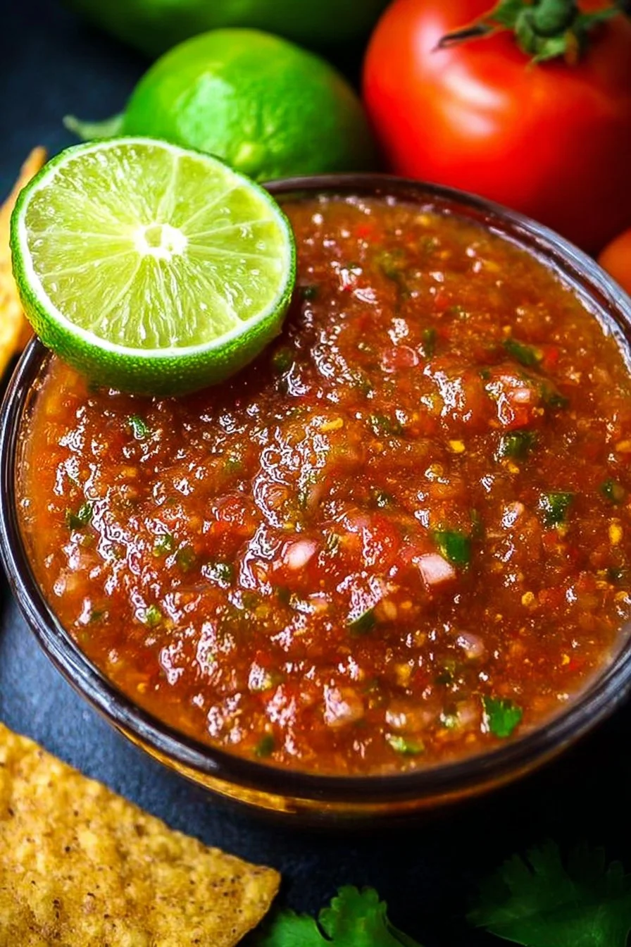 Freshly made Blender Salsa in a bowl with tomatoes, onions, and cilantro