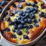 Delicious blueberry buttermilk pancake casserole served warm with syrup.