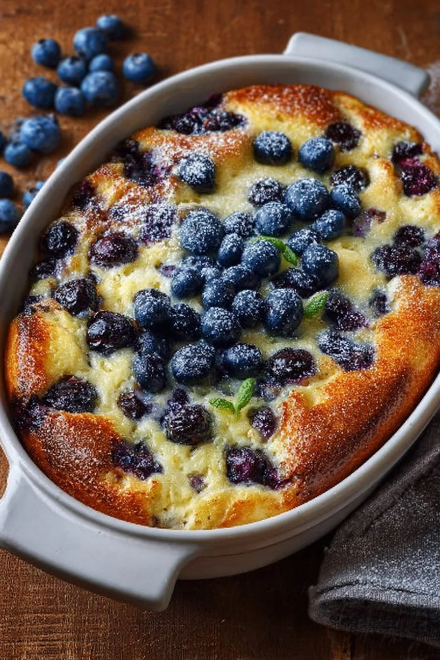 Delicious blueberry buttermilk pancake casserole served warm with syrup.