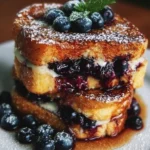Blueberry cheesecake stuffed French toast topped with fresh blueberries and syrup