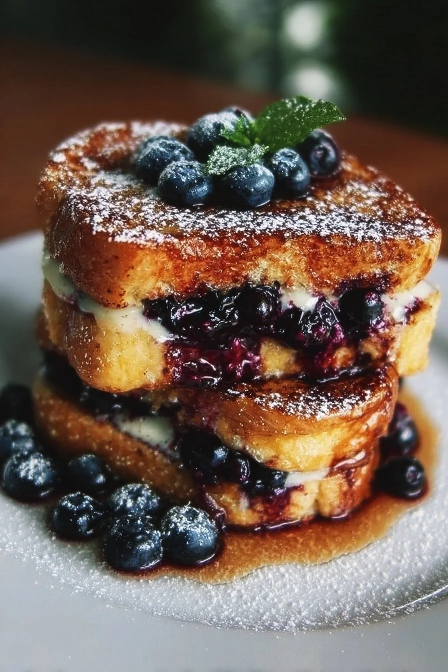 Blueberry cheesecake stuffed French toast topped with fresh blueberries and syrup