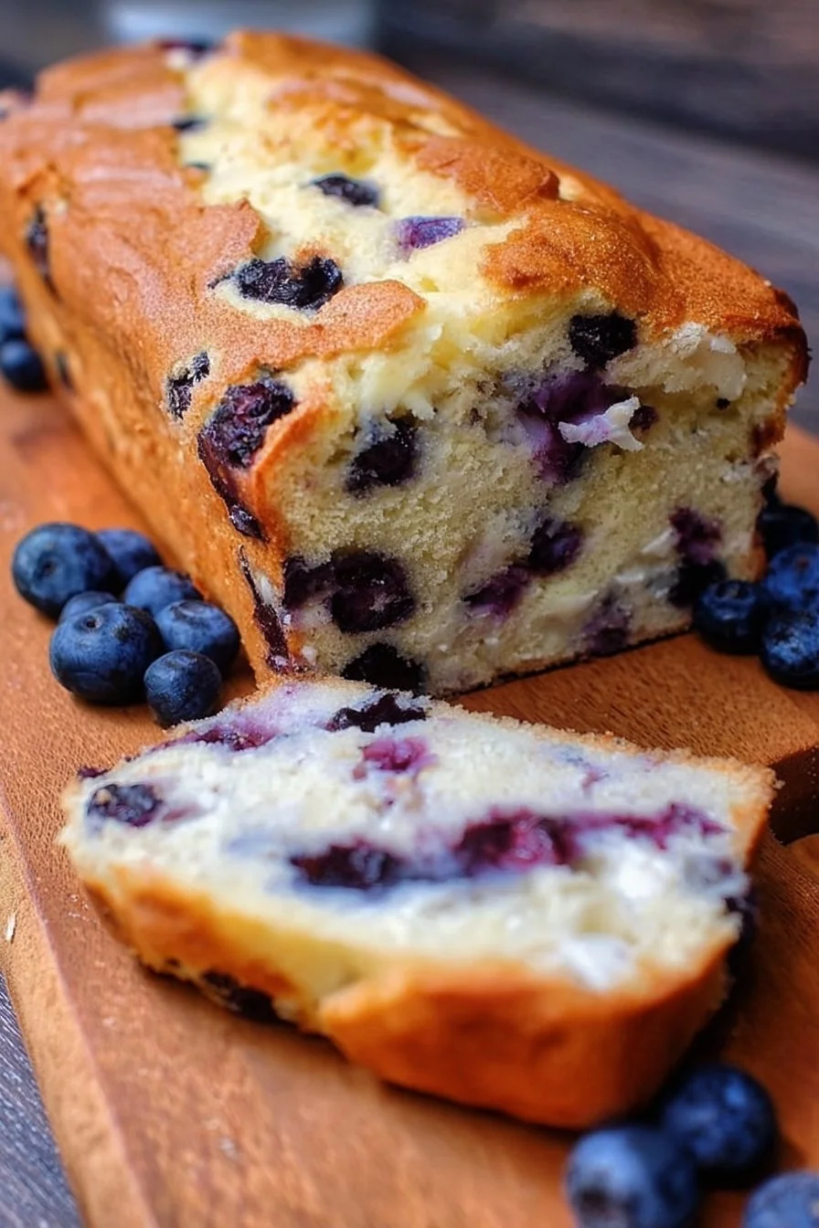 Delicious Blueberry Cream Cheese Bread with fresh blueberries and creamy texture.