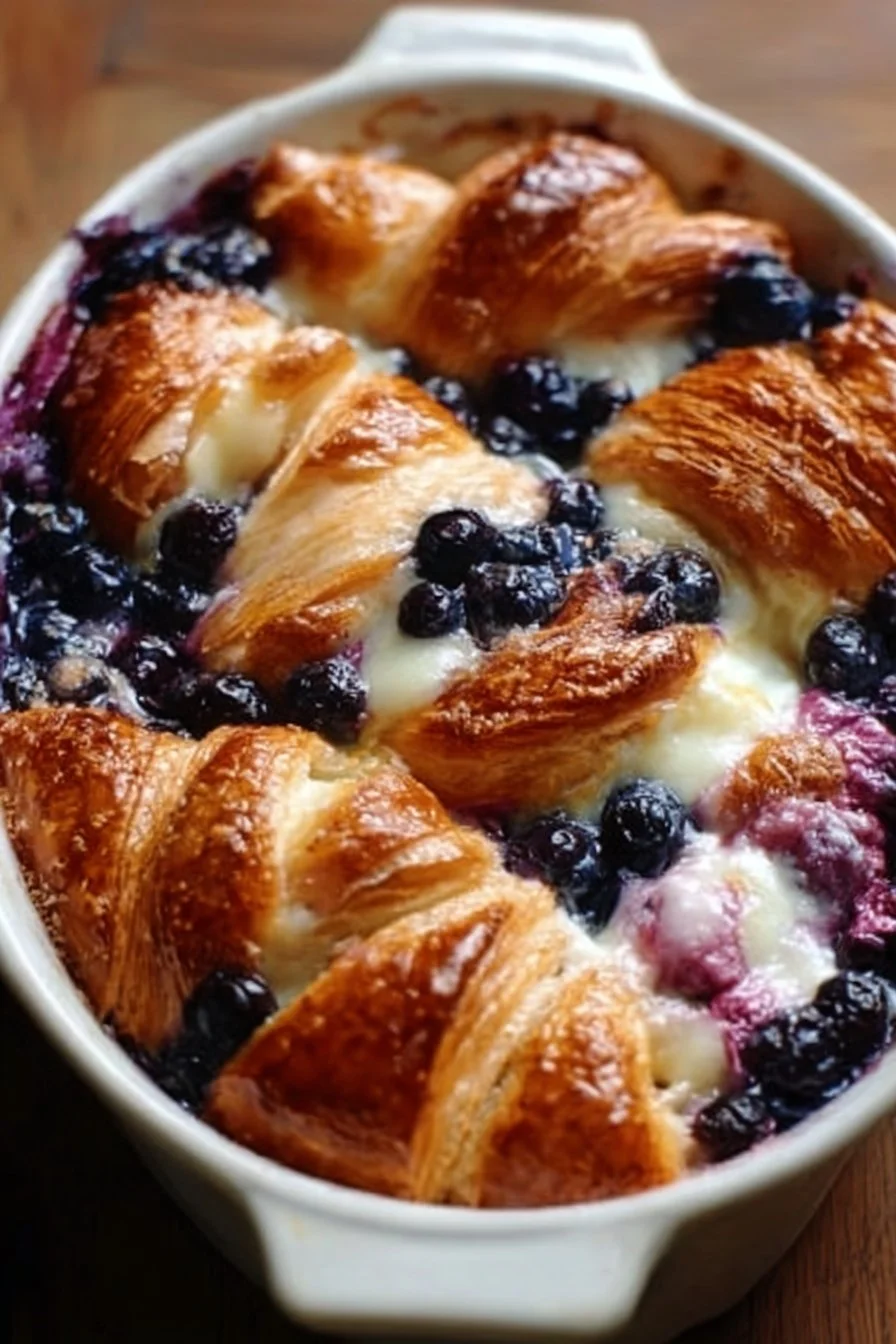 Delicious blueberry cream cheese croissant casserole baked to perfection