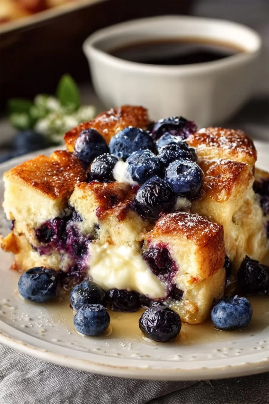 Blueberry Cream Cheese French Toast Casserole served in a dish