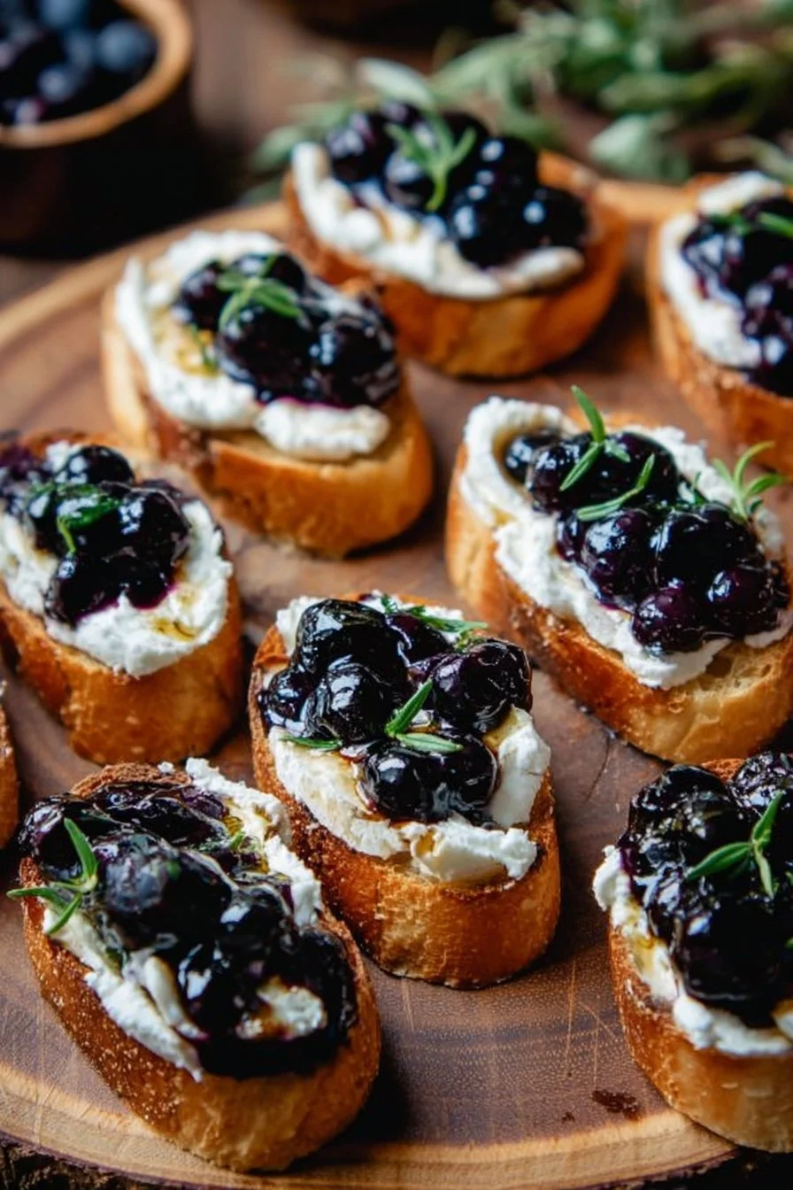 Delicious blueberry goat cheese crostini served on a wooden platter.
