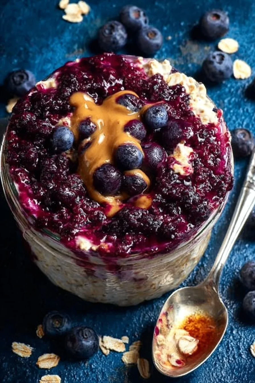 Bowl of blueberry pie overnight oats topped with fresh blueberries and almonds.