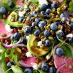 Blueberry pistachio spring salad with fresh greens and vibrant colors
