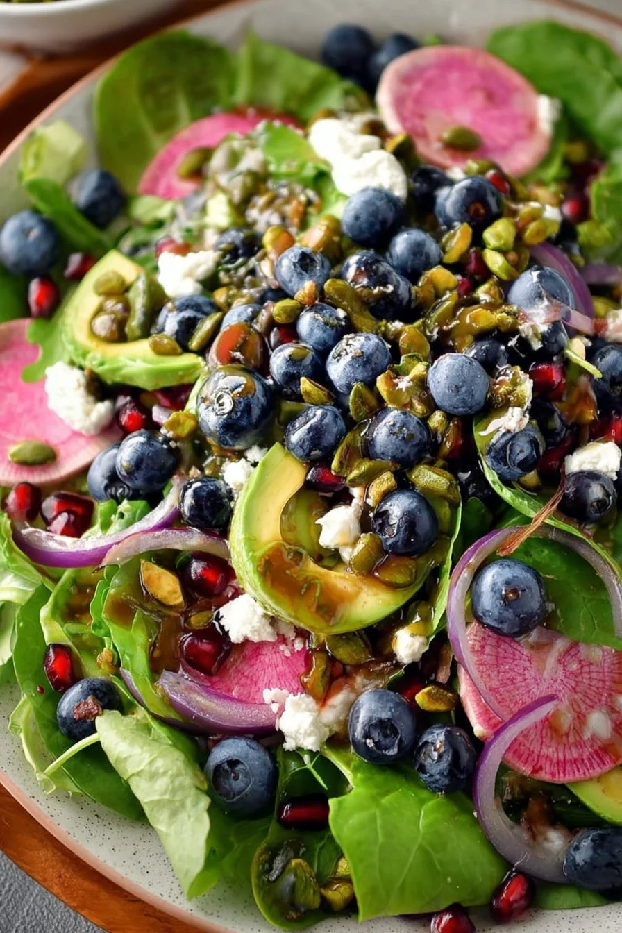Blueberry pistachio spring salad with fresh greens and vibrant colors