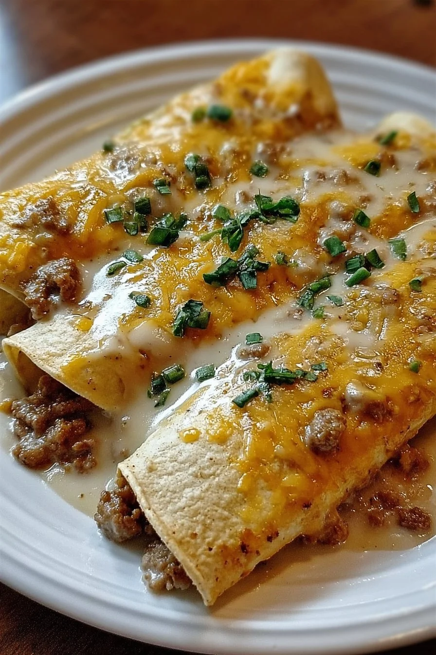 Delicious breakfast enchiladas topped with creamy sausage gravy