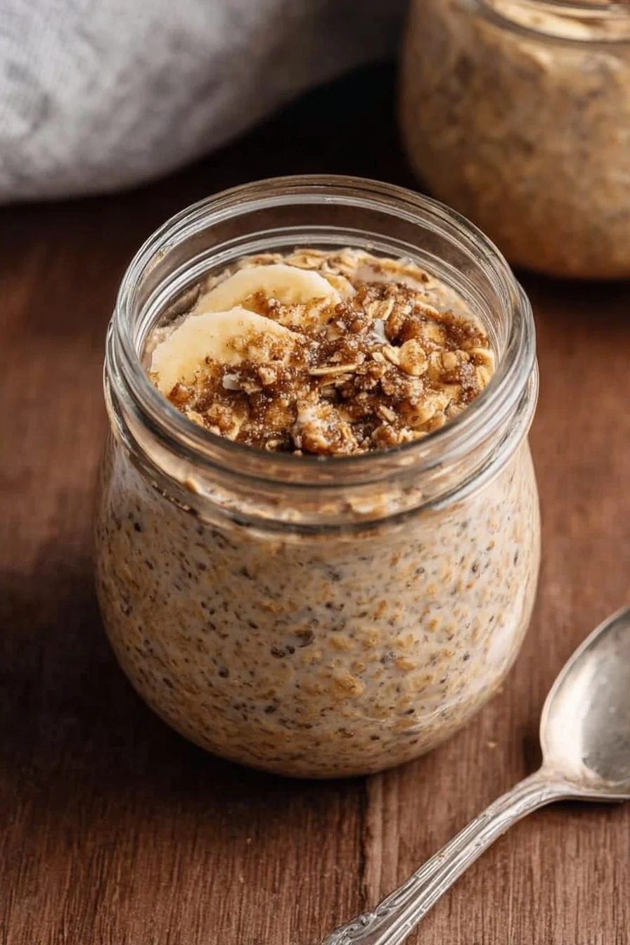 Bowl of brown sugar overnight oats topped with fruit and nuts