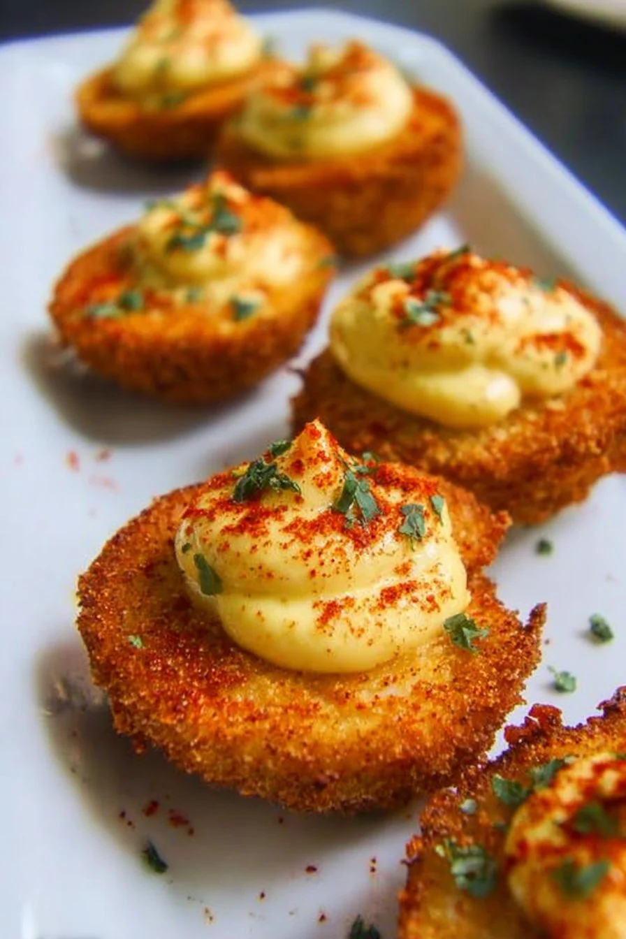 Cajun-style fried deviled eggs served on a platter.