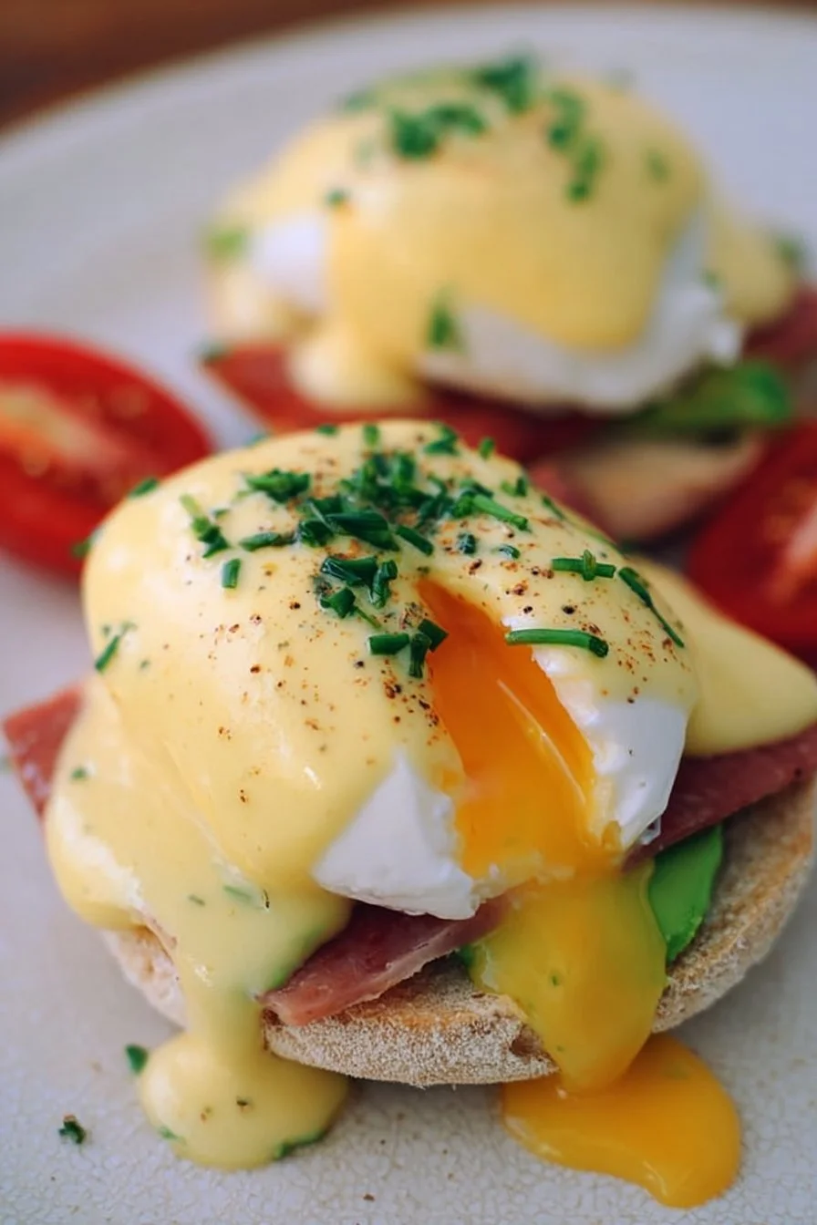 Delicious California Style Eggs Benedict served with fresh ingredients and hollandaise sauce.