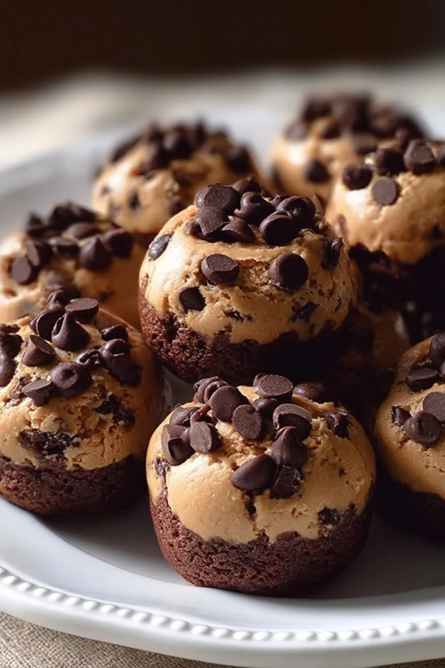 Delicious chocolate chip cookie dough brownie bites on a plate