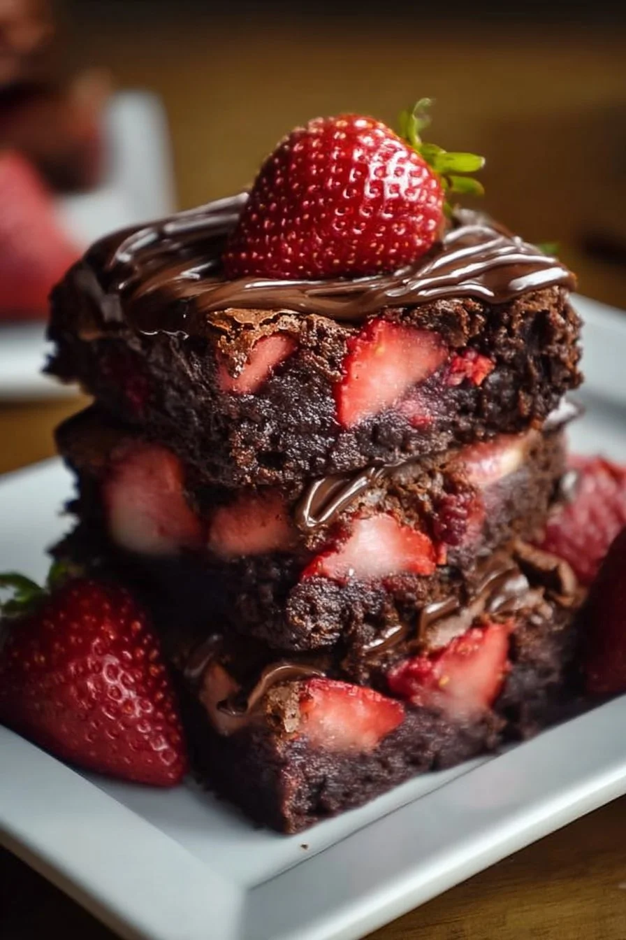 Delicious chocolate covered strawberry brownies topped with fresh strawberries