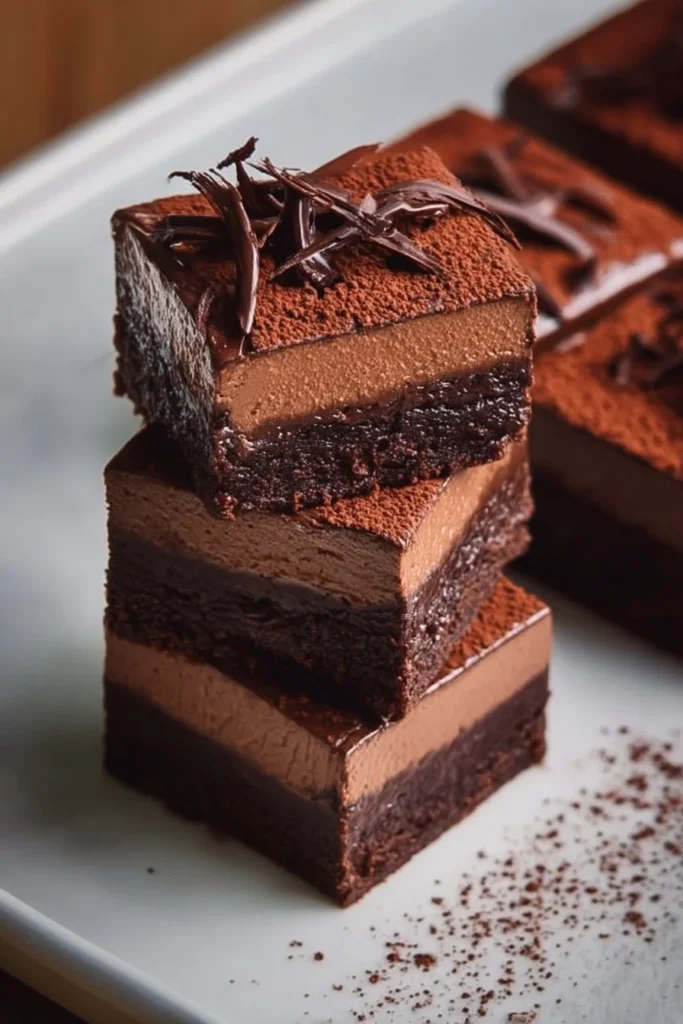 Delicious chocolate mousse brownies topped with creamy mousse layer.