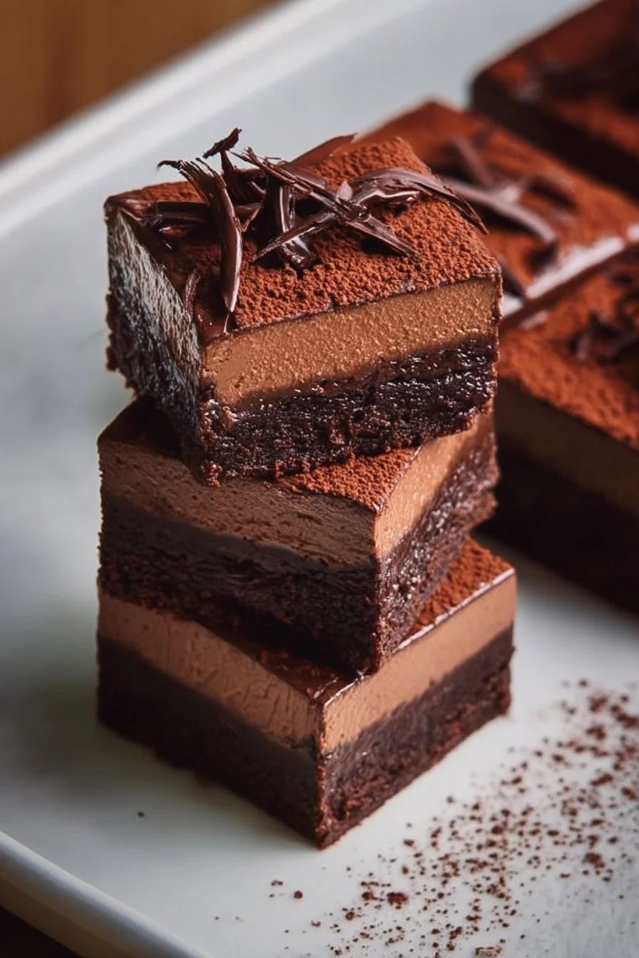Delicious chocolate mousse brownies topped with creamy mousse layer.