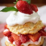 Delicious classic strawberry shortcake topped with fresh strawberries and whipped cream
