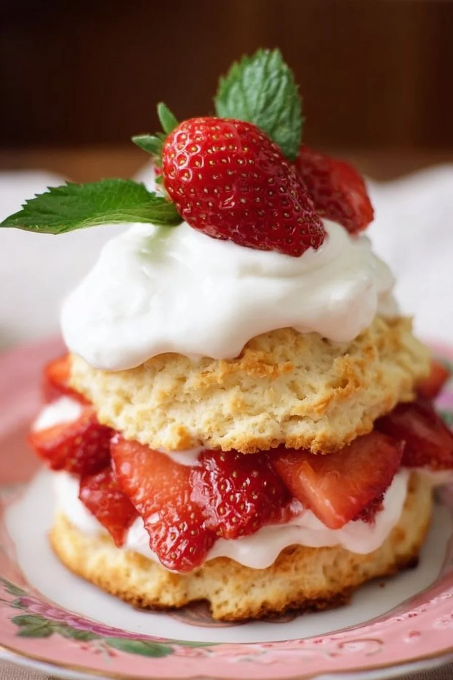 Delicious classic strawberry shortcake topped with fresh strawberries and whipped cream