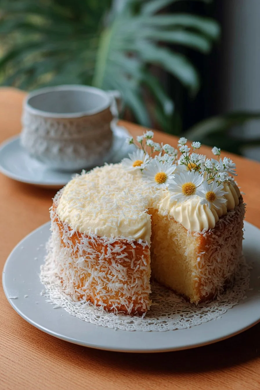 Delicious slice of coconut cake with creamy frosting and coconut flakes