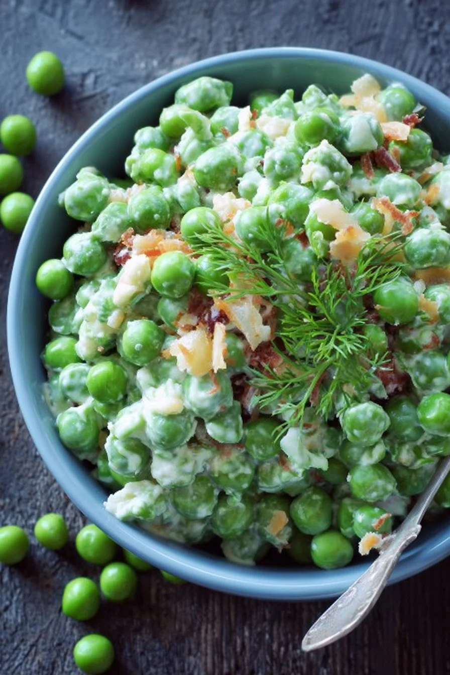 Delicious cold green pea salad with fresh vegetables and dressing