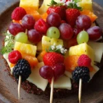Colorful fruit and cheese skewers arranged on a platter for a vibrant appetizer.
