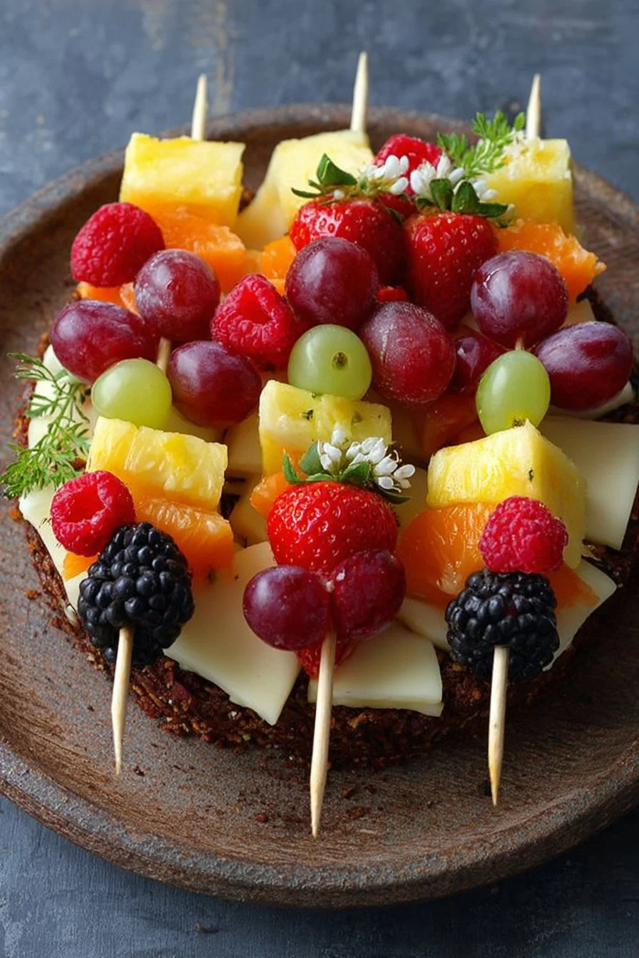 Colorful fruit and cheese skewers arranged on a platter for a vibrant appetizer.