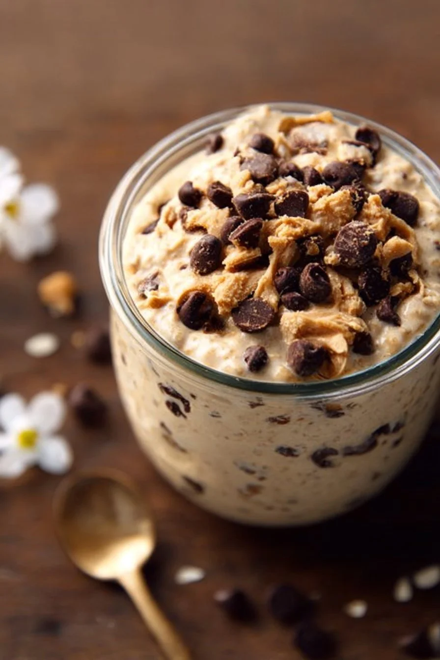 Bowl of cookie dough overnight oats topped with chocolate chips and nuts.