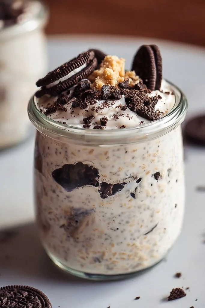 Delicious Cookies and Cream Overnight Oats topped with chocolate and cookies