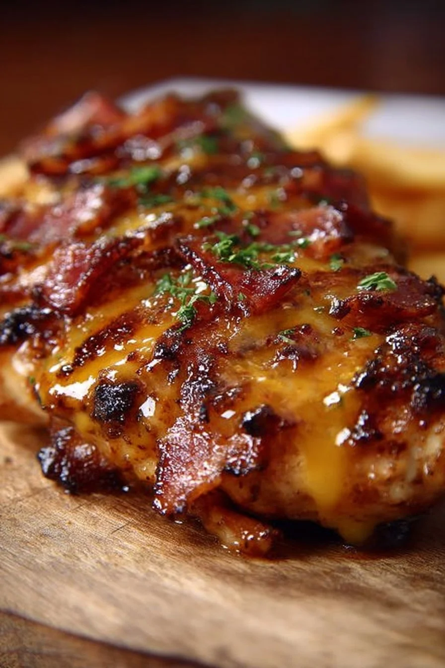 Delicious Cowboy BBQ Bacon Cheddar Chicken with BBQ sauce and melted cheese.