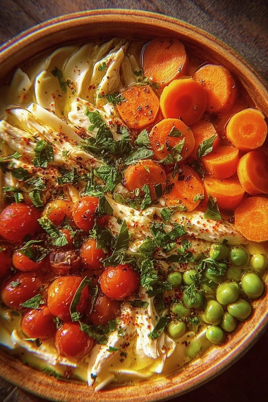 Bowl of cozy chicken noodle soup with vegetables and herbs