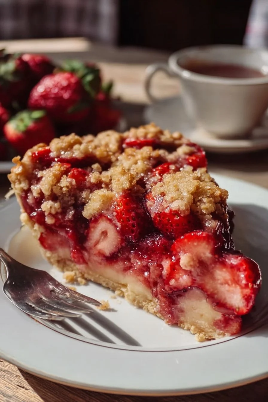 Cozy fresh strawberry pie with buttery crumble topping served on a plate