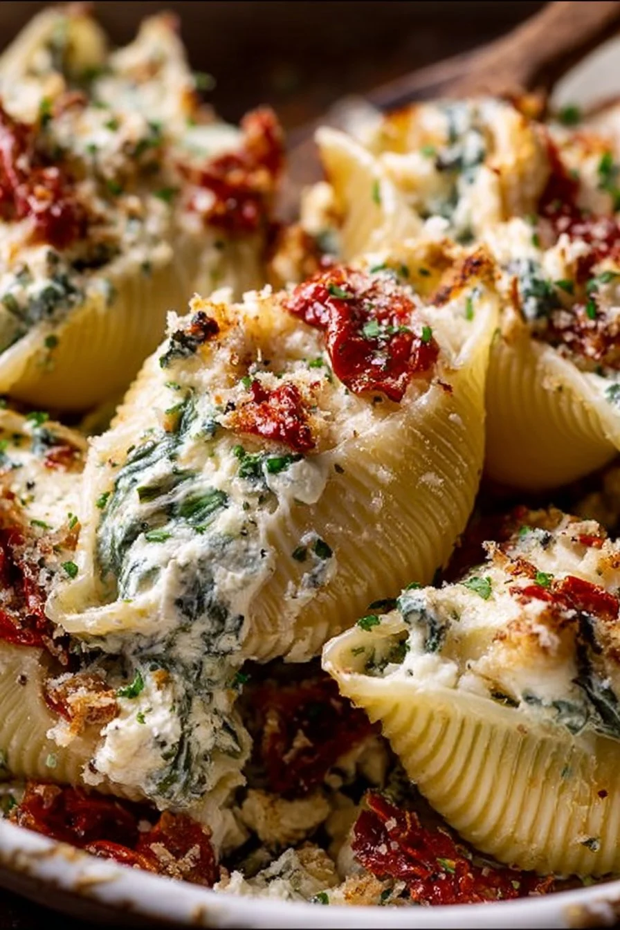 Creamy sun-dried tomato and ricotta stuffed pasta shells served in a bowl