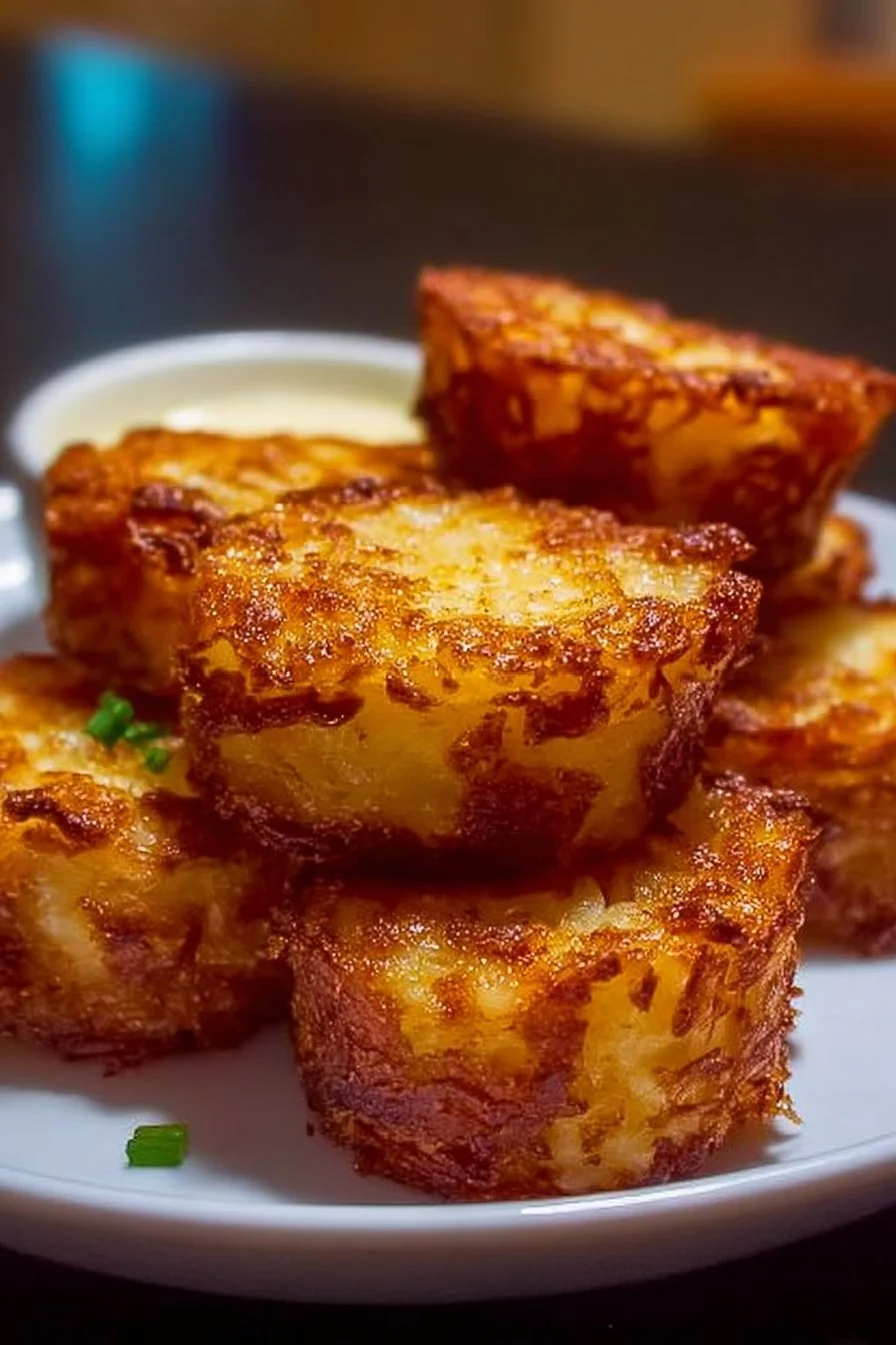 Plate of crispy loaded hashbrown bites topped with cheese and green onions