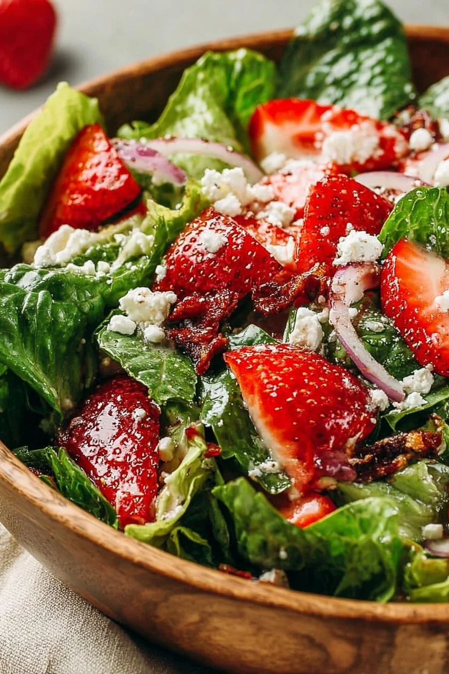 Crunchy strawberry romaine feta salad with fresh berries and greens