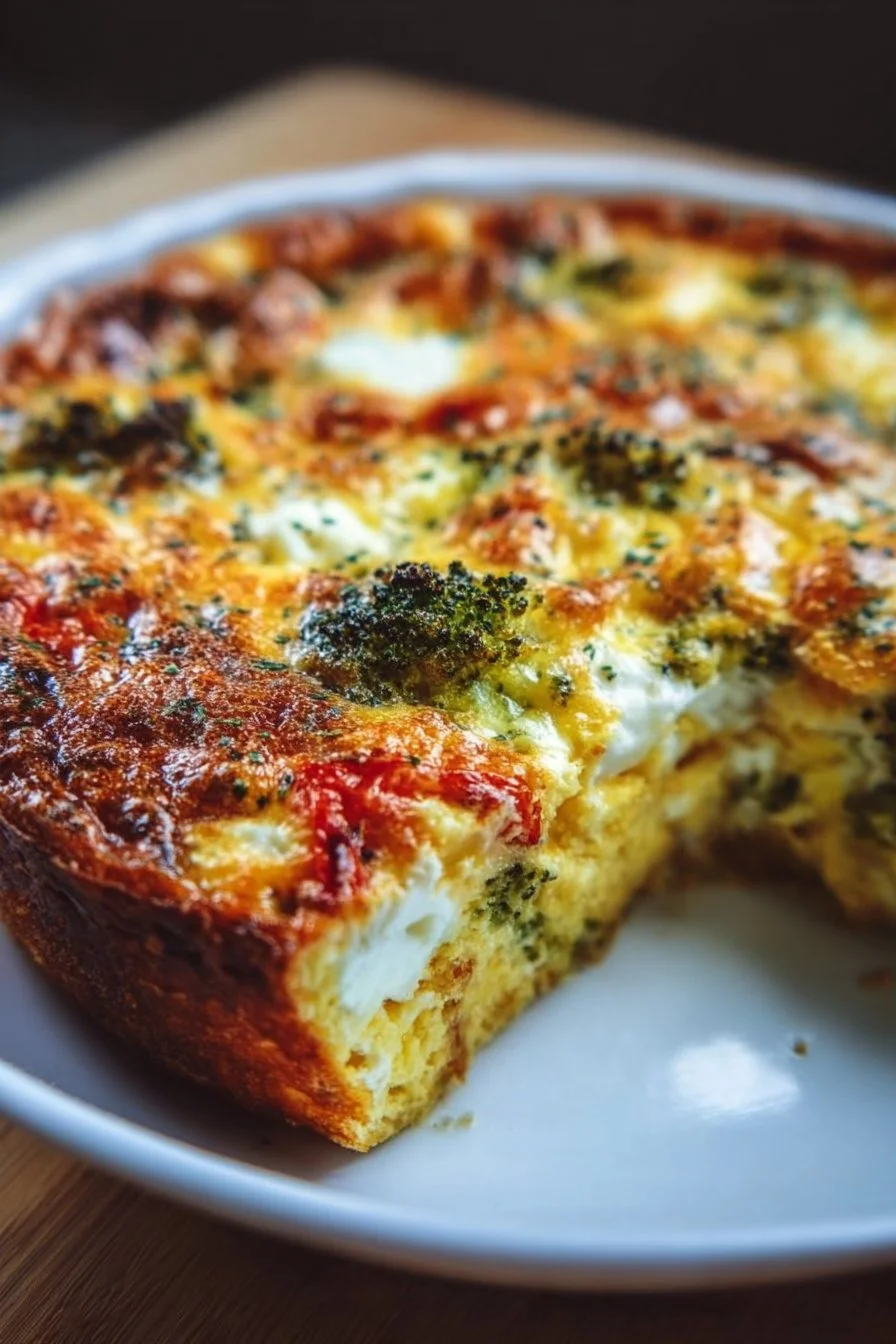 Delicious slice of crustless quiche with cheese and vegetables
