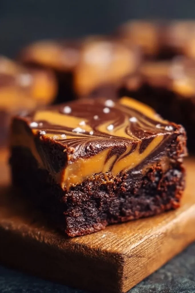 Delicious caramel swirl brownies topped with rich chocolate and creamy caramel.