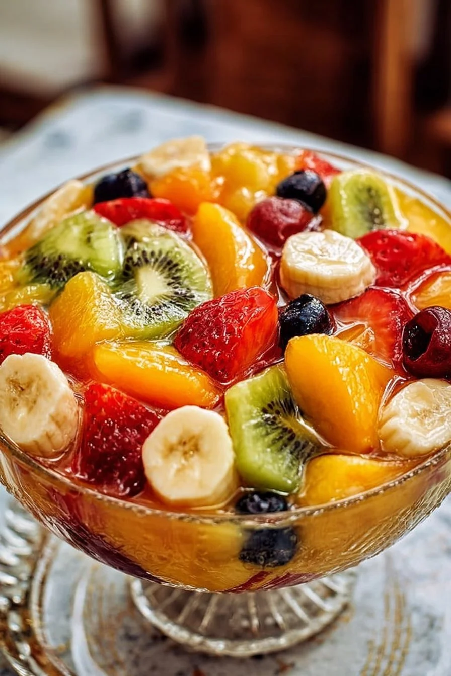 Easter Fruit Salad with Peach Pie Filling served in a colorful bowl