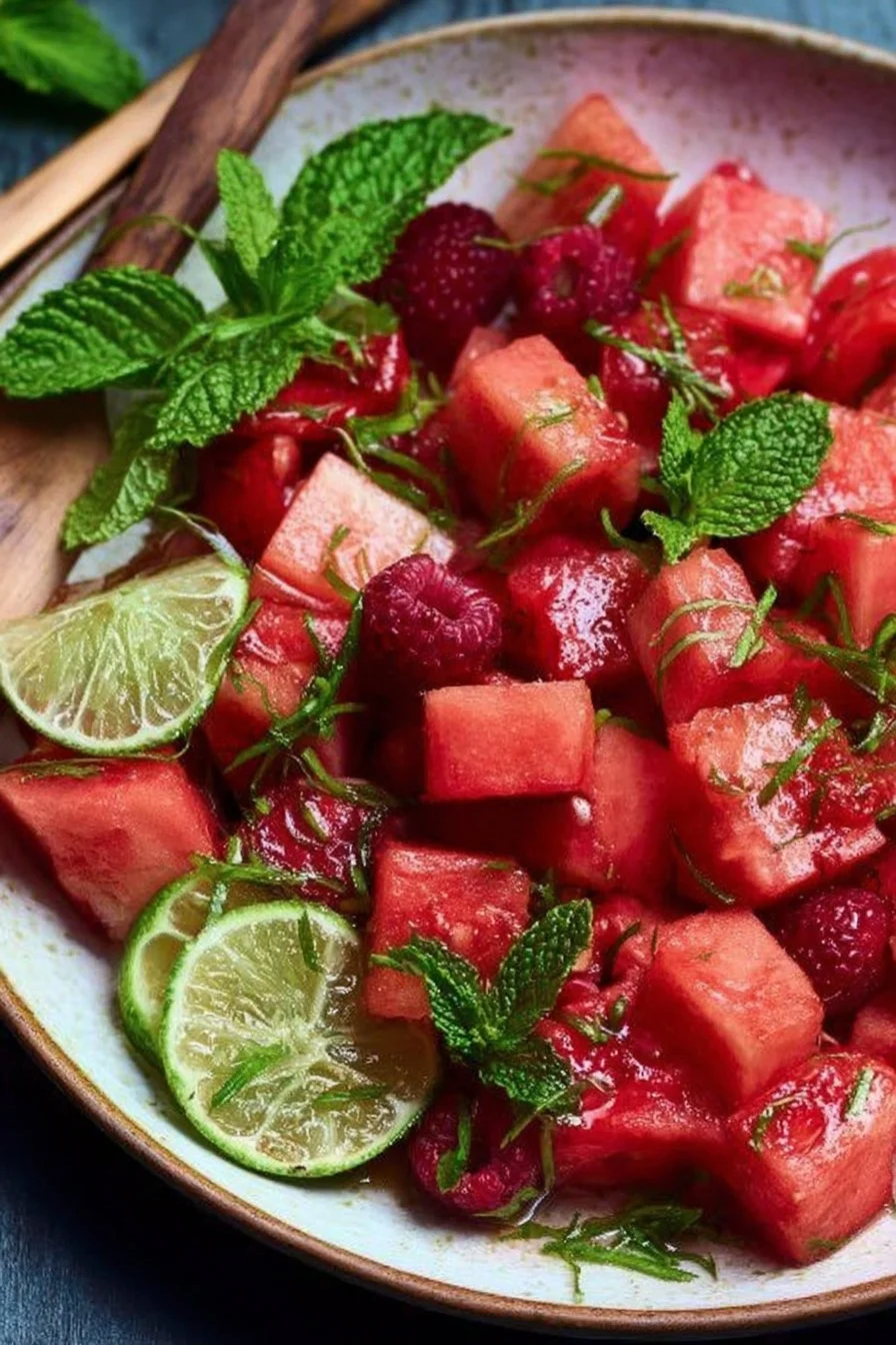 Keto Watermelon Salad with Lime Mint Dressing in a bowl