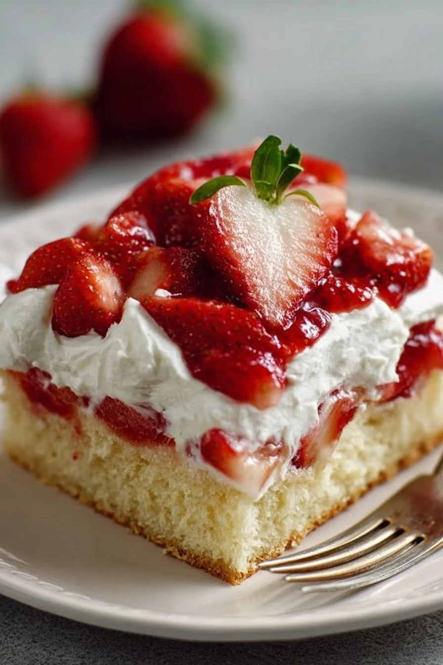 Delicious easy strawberry shortcake sheet cake topped with fresh strawberries and whipped cream.