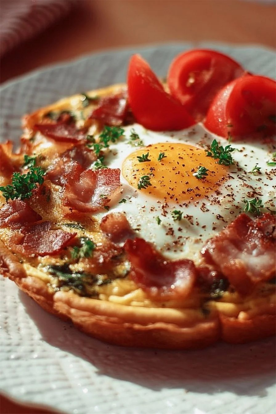 Elegant fancy brunch dish served on a white plate with vibrant garnishes.