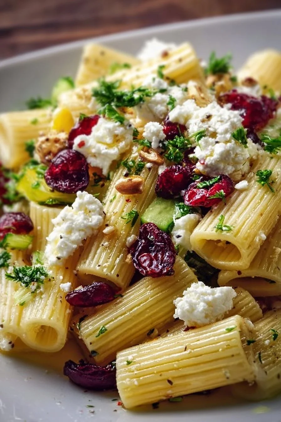 Feta and cranberry rigatoni salad with lemon vinaigrette served in a bowl