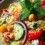 A colorful bowl of Fresh Mediterranean Couscous Salad with vegetables and herbs