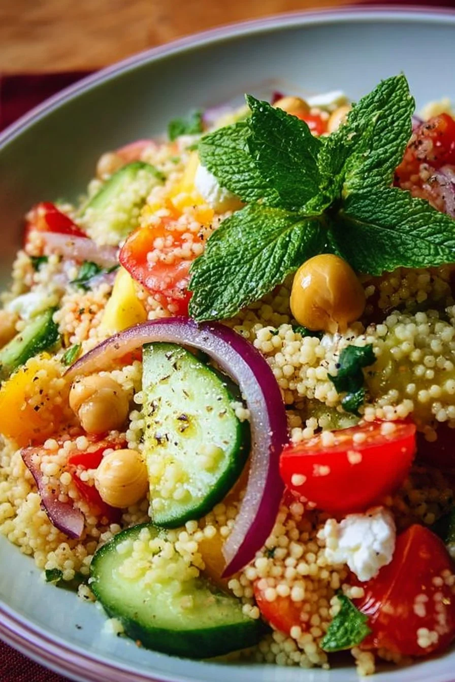 A colorful bowl of Fresh Mediterranean Couscous Salad with vegetables and herbs