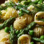 Fresh spring pasta salad with asparagus and lemon dill vinaigrette in a bowl
